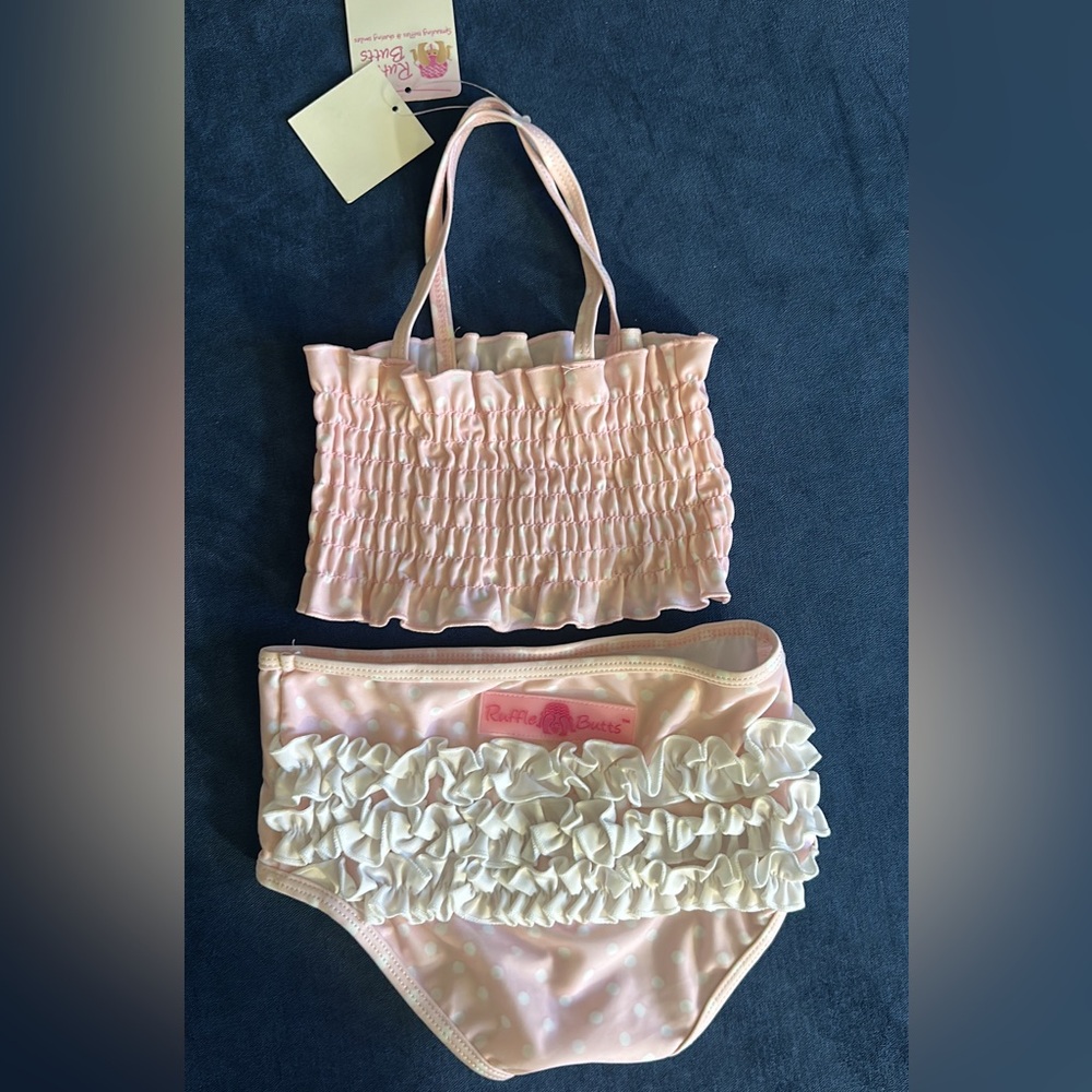 Ruffle Butts Pink and White Kids Swim Bikini